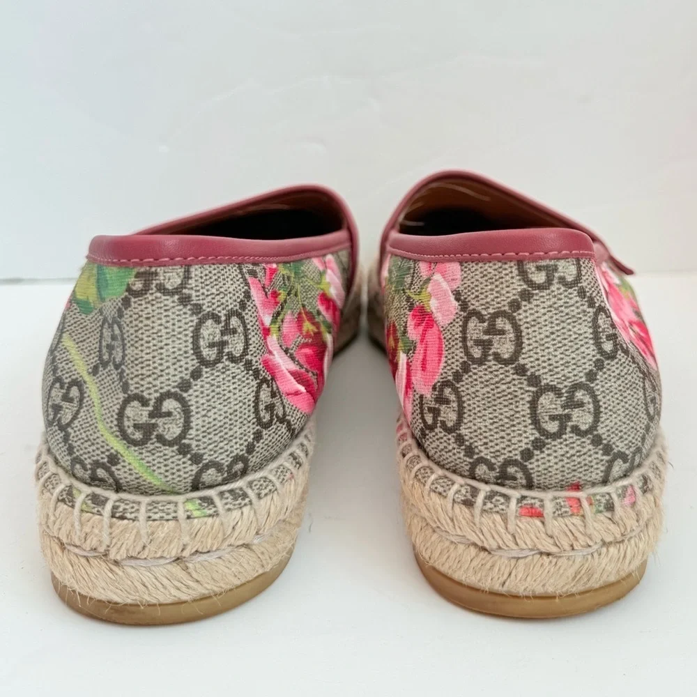 Gucci Pink Bloom Floral Print Logo Monogram Canvas Espadrilles Flats EU 38.5